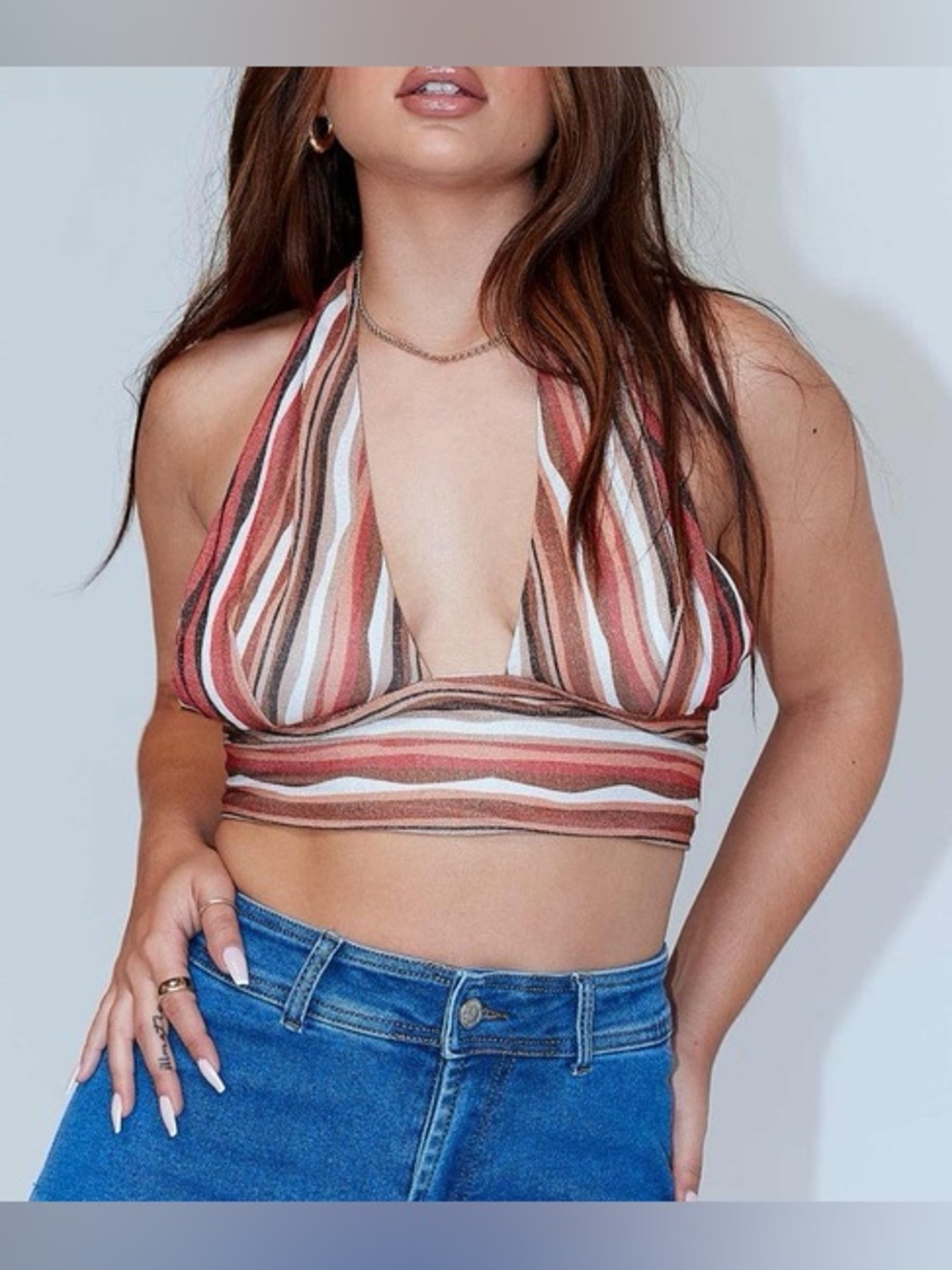 Princess Polly Luci Halter Crop Top in Striped Rust Multi